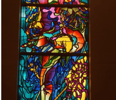 Elkins Park, PA. Reform Congregation Keneseth Israel. Sanctuary windows detail, Elijah window (detail). Jacob Landau, artist, 1974. Photo: Samuel D. Gruber 2019.